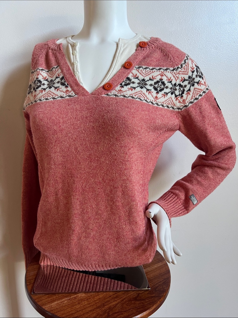 The North Face Fair Isle V-Neck Sweater with Button Detail wool & cotton blend